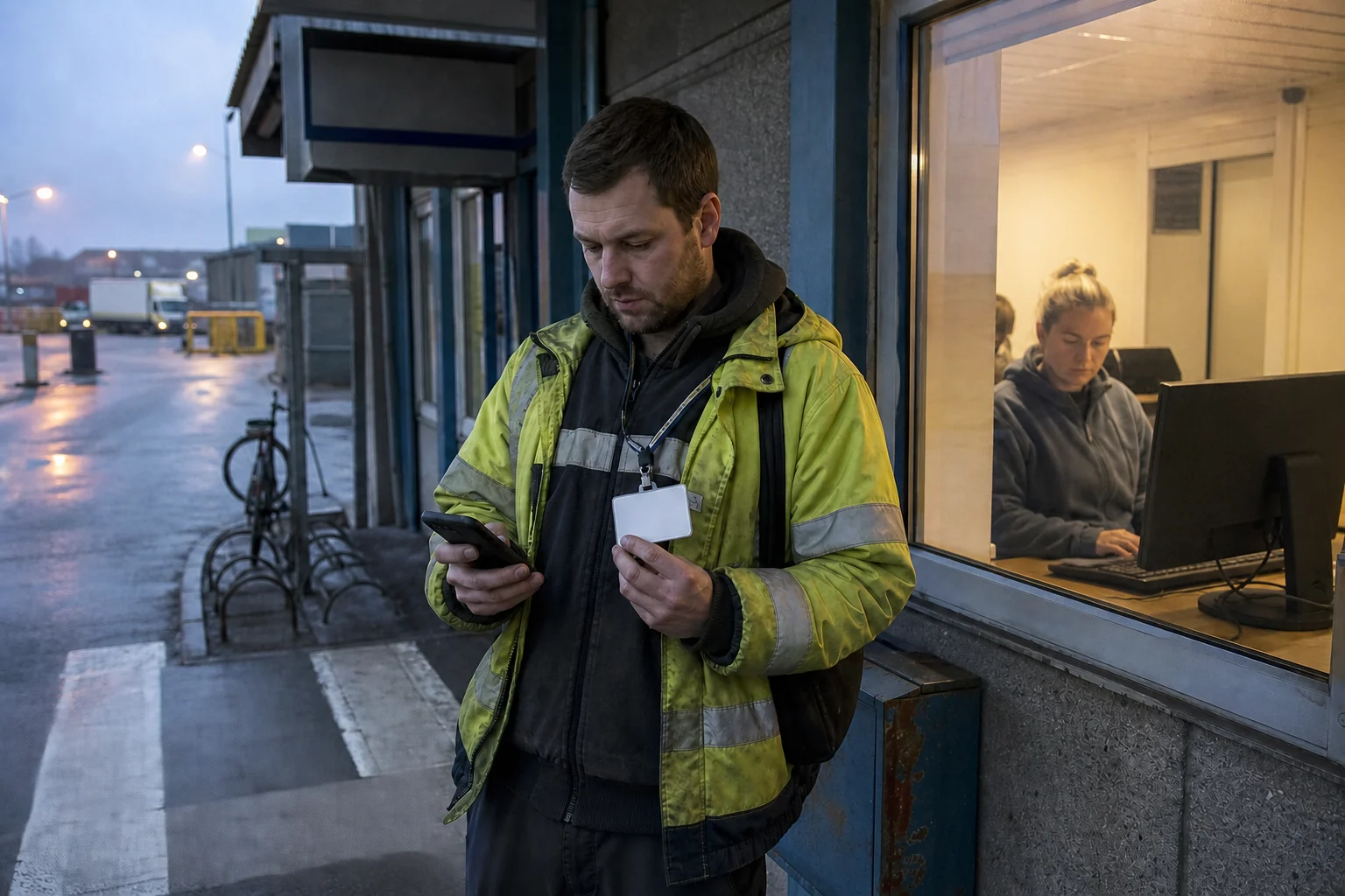 Zeitarbeiter nutzt Telefon und leeren Zugangsausweis an einem regnerischen europäischen Logistikstandort, während eine Koordinatorin den Fall prüft